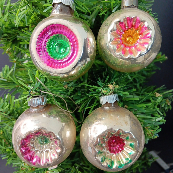 Other - Vintage Shiny Brite Indent 4pc Christmas Ornament Mecury Glass Round Made In USA